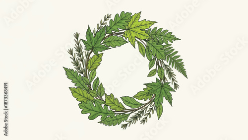Circular green wreath made from fresh leaves and natural foliage with botanical greenery.
