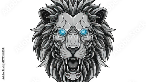Fierce illustrated lion head emblem with intense blue eyes and flowing mane.