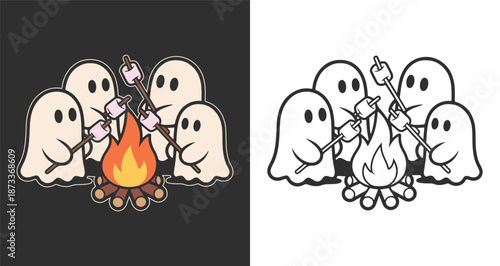 Four ghosts roasting marshmallows on sticks over campfire spooky cartoon design set illustration vector