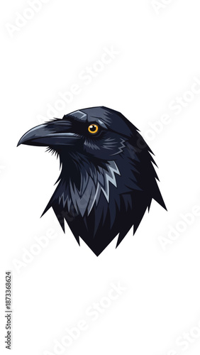 Illustrated raven head profile with dark blue-black feathers and sharp beak.