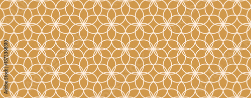 Seamless geometric flower pattern in minimalist line art style on ochre background for Islamic holiday decoration or fabric print, vector illustration