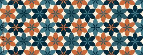 Seamless geometric floral pattern in flat minimalist style with terracotta and navy blue colors for Ramadan holiday backdrop or textile design, vector illustration