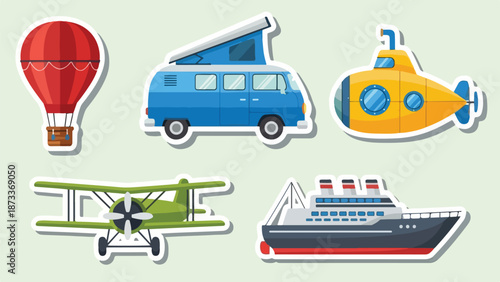 Colorful Flat Design Hot Air Balloon, Biplane, and Camper Van Stickers
