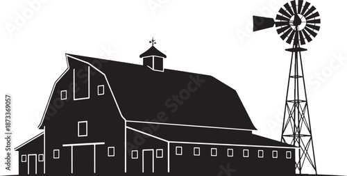 Traditional Rural Silhouette of a Large Farm Barn with a Classic Windmill