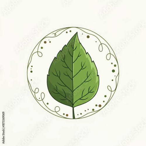 Illustrated green leaf emblem enclosed in decorative circle design symbolizing nature and growth.