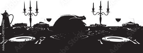 Formal Silhouette of a Thanksgiving Dinner Table with Roasted Turkey and Candelabras