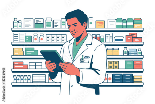 A pharmacist in a white lab coat using a digital tablet in a pharmacy