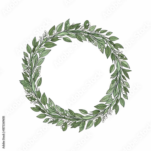 Elegant green circular wreath design composed of leafy foliage for decorative use.