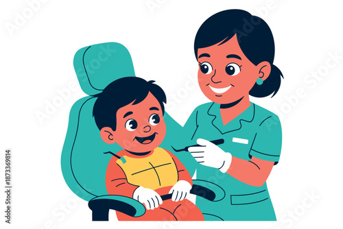 A young boy sitting in a dentist chair with a female dentist
