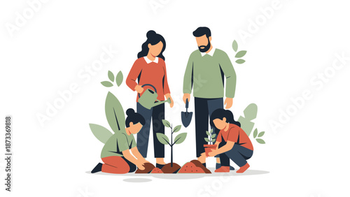 Family Planting Trees Together in a Lush Green Environment from a Front Viewpoint