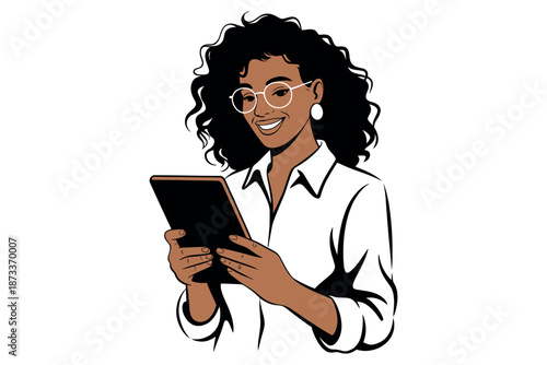 A smiling woman with curly hair holding a tablet in her hands