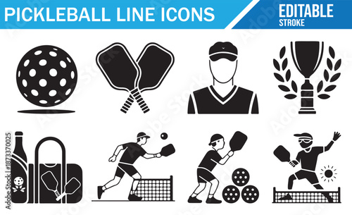 Set of black and white pickleball line art icons.