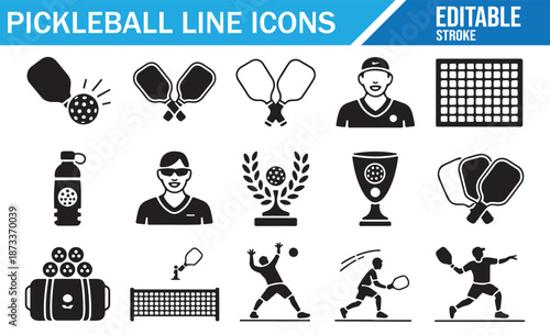 Pickleball line icons set. Vector illustrations of paddles, balls, net, court, players, and equipment. Black and white outline symbols for sport and recreation. Editable stroke.