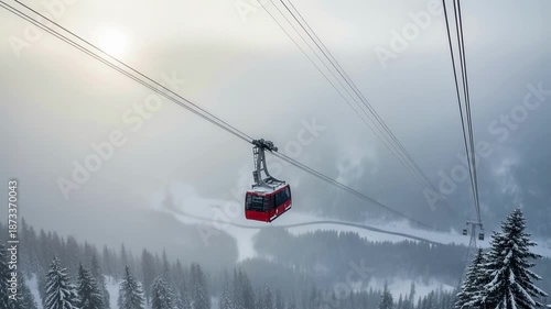 Red cable car suspended over a snowy mountain valley during a blizzard. Gondola lift moving through thick fog and blowing snow in a winter ski resort