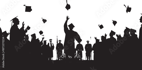 Graduation Ceremony Silhouette with Students Throwing Mortarboard Caps in the Air to Celebrate Success