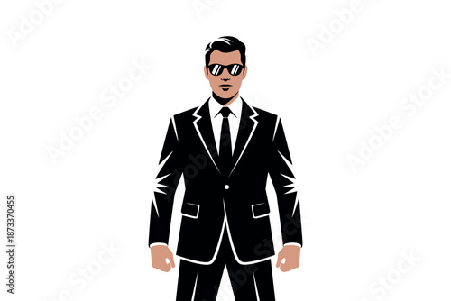 A cartoon man in a black suit and sunglasses stands confidently alone
