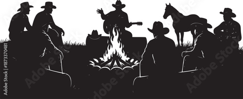 Cowboy Campfire Silhouette with Men Sitting Around Fire and Playing Guitar in the Wild West