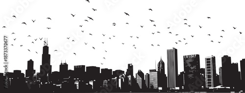 Urban City Skyline Silhouette with Birds Flying Across the Sky Above Skyscrapers