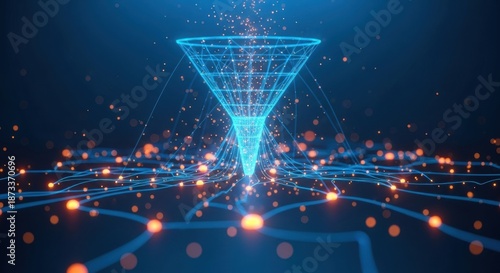 Abstract blue wireframe funnel filters glowing orange particles with data flow and network connections.
