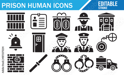 Jail cell and security fence line art symbols.