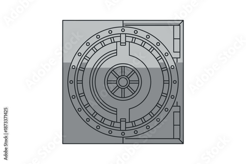 A detailed illustration of a secure vault door with a circular locking mechanism