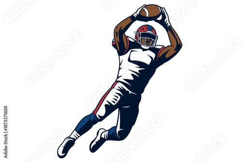 An American football player jumping high to catch a ball in mid-air