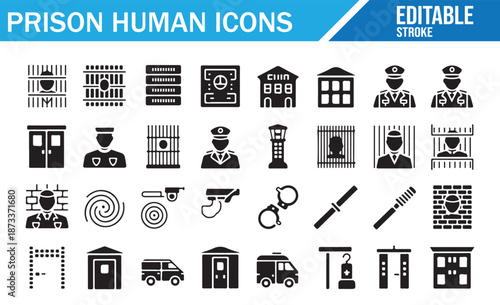 Set of prison and human related outline icons. Vector illustration collection of jail, guard, inmate, security, building, and transport symbols with editable stroke for design.