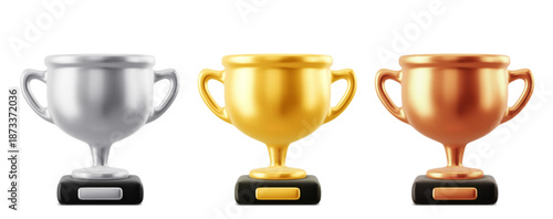 Gold, silver and bronze trophy cups set. Vector 3d realistic award prize illustration. Champion trophy icons. Design elements reward for championship winners