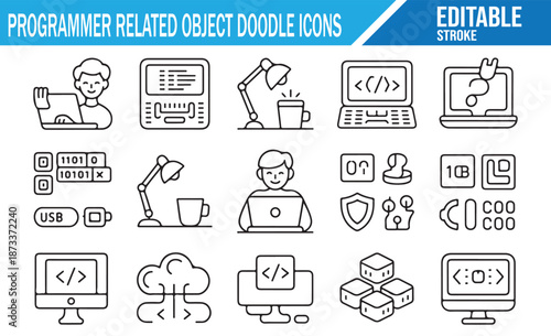 Set of hand-drawn coding and software doodles.