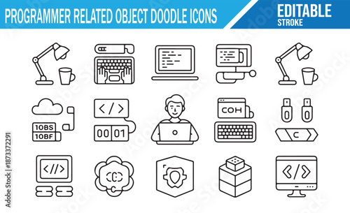 Black line icons of computer and programming objects.