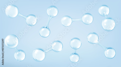 3D glass molecules or atoms on light blue background. Concept of biochemical, pharmaceutical, beauty, medical. Science or medical background. Vector 3d illustration