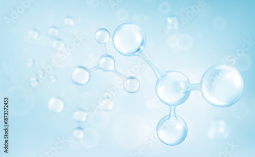 3D glass molecules or atoms on light blue background. Concept of biochemical, pharmaceutical, beauty, medical. Science or medical background. Vector 3d illustration