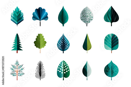 A collection of 16 stylized leaves in various shades of green and blue arranged in a grid pattern on a black background on transparent background