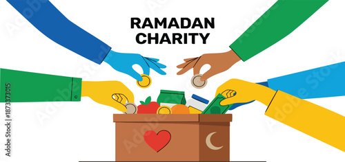 Ramadan charity hands giving coins and food to a donation box
