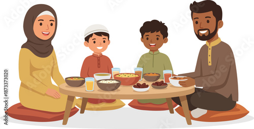 A muslim family sharing a meal together during ramadan celebrations