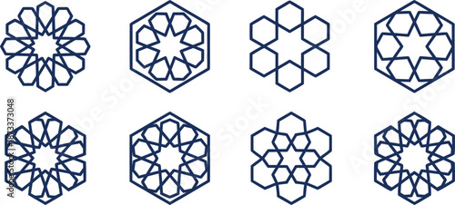 Intricate geometric islamic patterns and designs with repeating hexagonal motifs