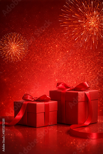Luxury red gift boxes with ribbon on festive sparkling background
