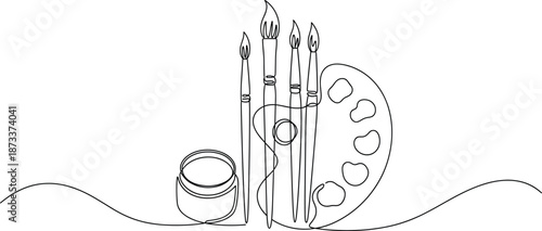Art Supplies Line Art Illustration with Paint Brushes, Palette and Paint Jar Vector