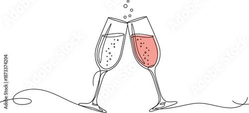 Clinking Champagne Glasses Line Art Illustration with Bubbles Celebration Vector Design