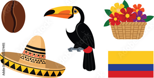 Colombia Cultural Icons Set with Toucan, Coffee Bean, Flowers and National Flag
