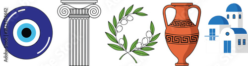 Greek Cultural Icons Set with Evil Eye, Columns, Amphora and Santorini Houses