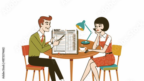 A couple discussing their budget, sitting at a round table. They seem focused and are reviewing financial documents, a table lamp is on the table isolated on white background.generative ai