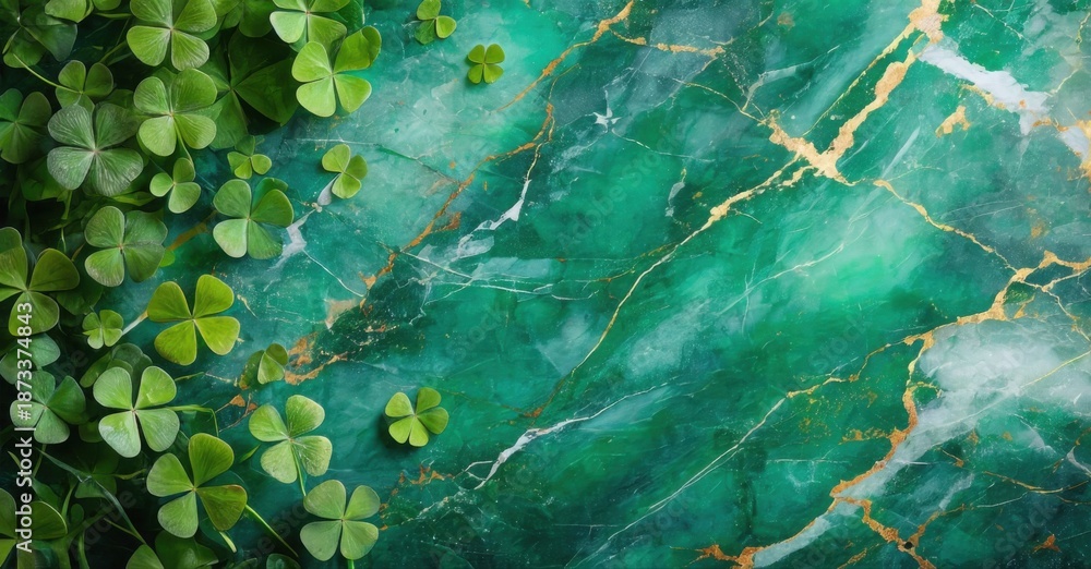 Fototapeta premium Green clovers rest upon vibrant marble surface. Gold veins weave through stone, creating rich texture. Lucky charm imagery present.