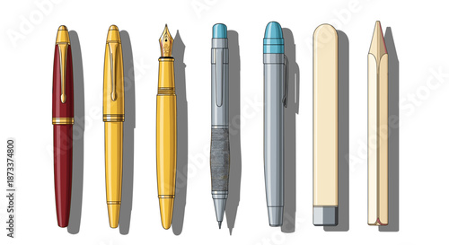 Elegant Writing Instruments Collection: Pens, Mechanical Pencil, and Stylus Arranged in a Row Displaying Design, Artistry, Craftsmanship and Tools for Creative Expression, Office.