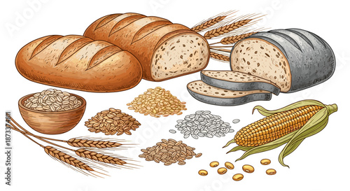 Assorted Grains and Loaves of Bread Illustrate Diverse Carbohydrates, Presenting Corn, Rice, Wheat, Oats, and Rye as Staple Foods, Perfect for Nutrition Education, Culinary Arts, R.