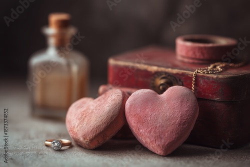 vintage valentines objects against dark background, Valentine’s Day theme, neutral tones, deep focus, realistic textures, clean composition