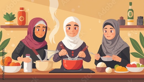 Three women wearing hijabs cooking together in a kitchen with various food and ingredients on the counter