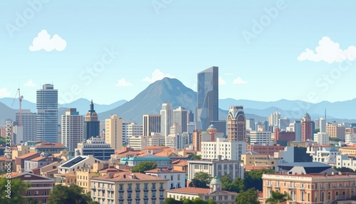 A vibrant cityscape with modern skyscrapers and historic buildings under a blue sky