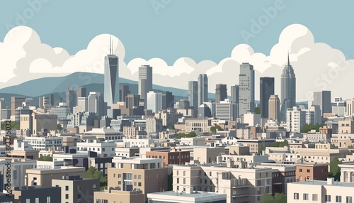 A vibrant cityscape with modern skyscrapers and buildings under a blue sky with clouds