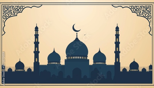 A serene mosque silhouette at sunset with a crescent moon in the sky